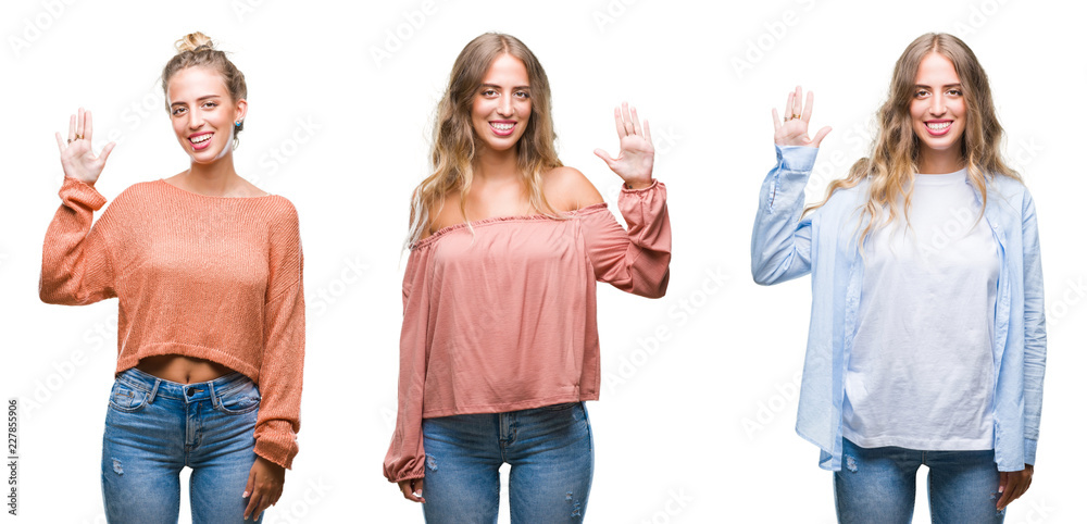 Young beautiful young woman wearing casual look over white isolated background showing and pointing up with fingers number five while smiling confident and happy. Young beautiful young woman wearing casual look over white isolated background showing and pointing up with fingers number five while smiling confident and happy.