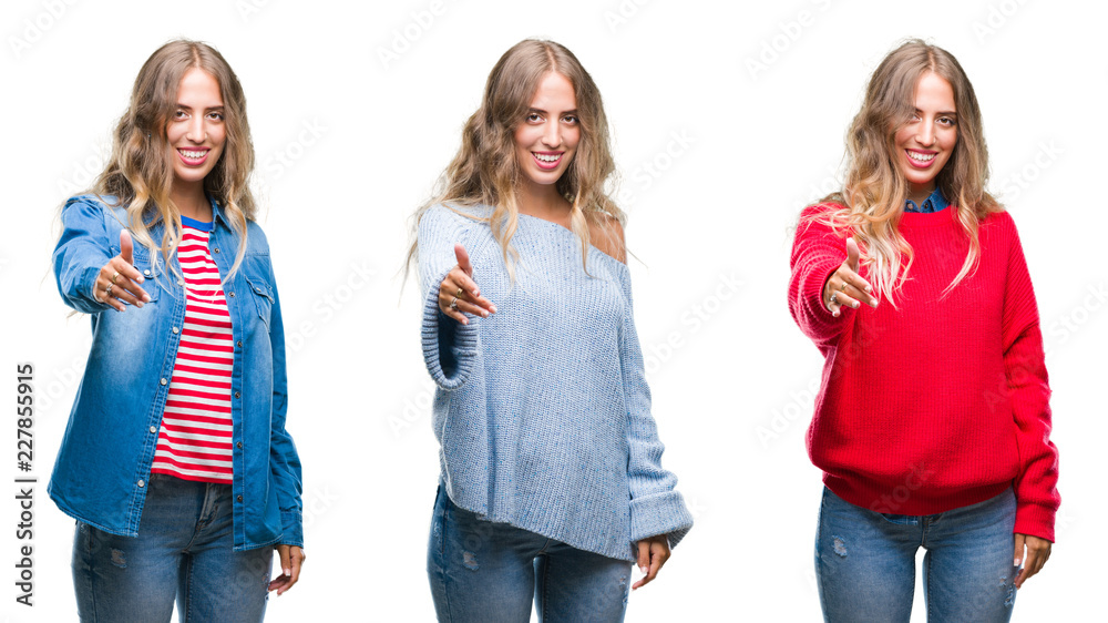 Young beautiful young woman over white isolated background smiling friendly offering handshake as greeting and welcoming. Successful business. Young beautiful young woman over white isolated background smiling friendly offering handshake as greeting and welcoming. Successful business.