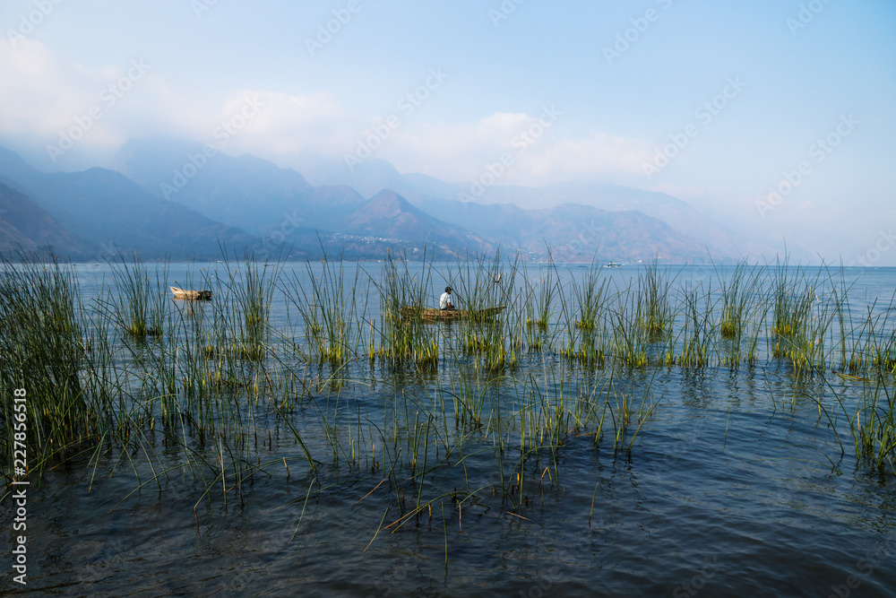 Canoe with fisherman behind reed with misty volcanic mountains at Lago Atitlan, San Juan la Laguna, Guatemala, Central America Canoe with fisherman behind reed with misty volcanic mountains at Lago Atitlan, San Juan la Laguna, Guatemala, Central America
