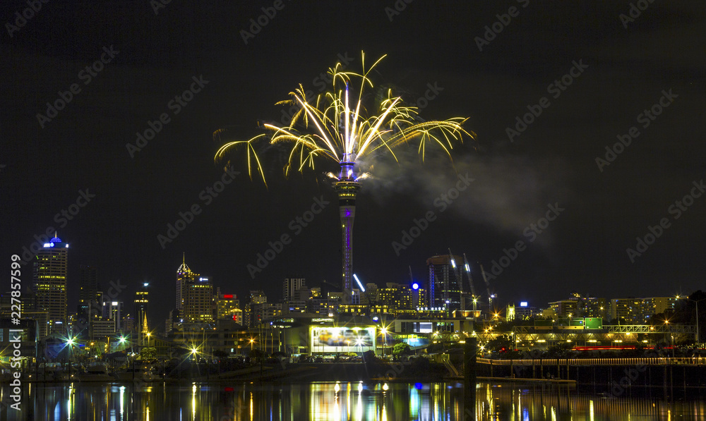 Auckland Night View from St Marys Bay Beach, Auckland New Zealand; Fireworks New Year Celebration