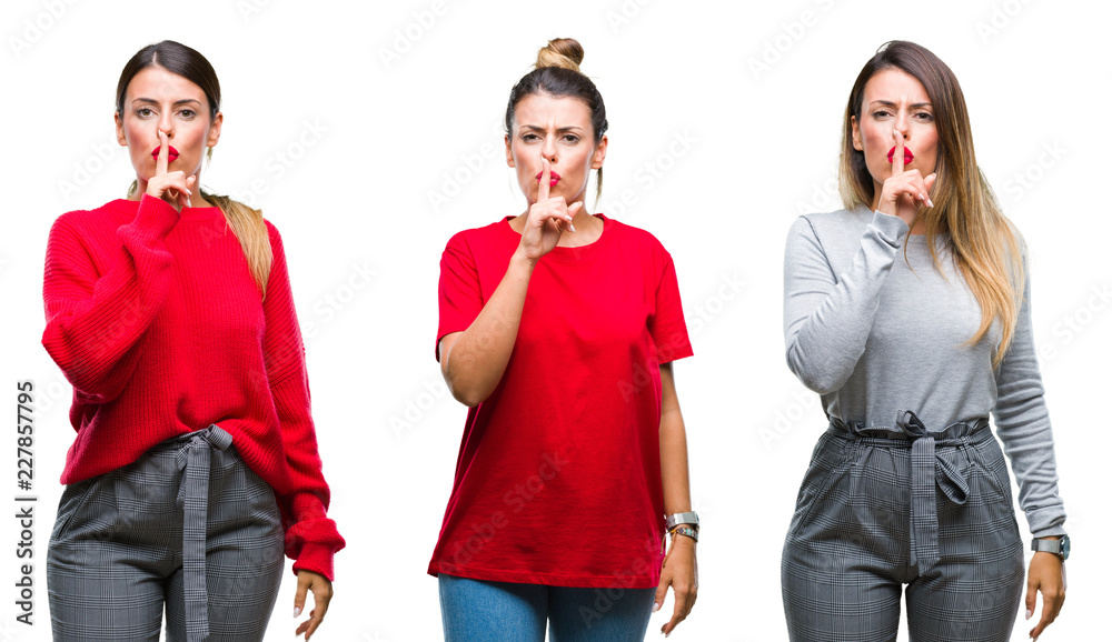 Obraz premium Collage of young beautiful woman over isolated background asking to be quiet with finger on lips. Silence and secret concept.