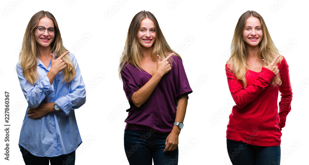 Obraz premium Collage of young beautiful blonde woman over isolated background cheerful with a smile of face pointing with hand and finger up to the side with happy and natural expression on face