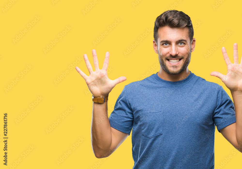 Young handsome man over isolated background showing and pointing up with fingers number ten while smiling confident and happy. Young handsome man over isolated background showing and pointing up with fingers number ten while smiling confident and happy.