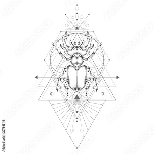 Vector illustration with hand drawn stag beetle and Sacred geometric symbol on white background. Abstract mystic sign. Black linear shape. For you design: tattoo, print, posters, t-shirts, textiles.