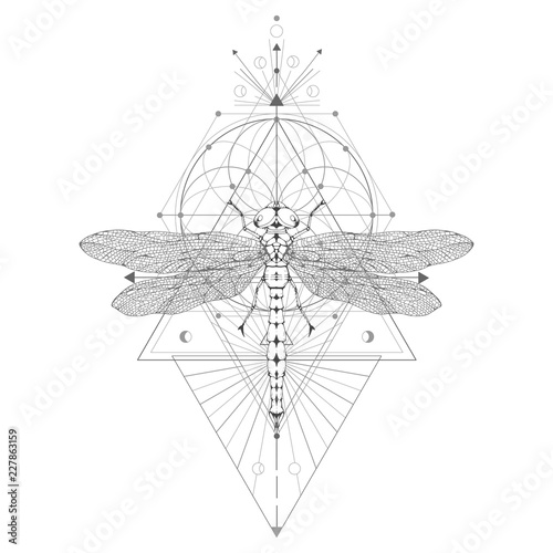Vector illustration with hand drawn dragonfly and Sacred geometric symbol on white background. Abstract mystic sign. Black linear shape. For you design: tattoo, print, posters, t-shirts, textiles.