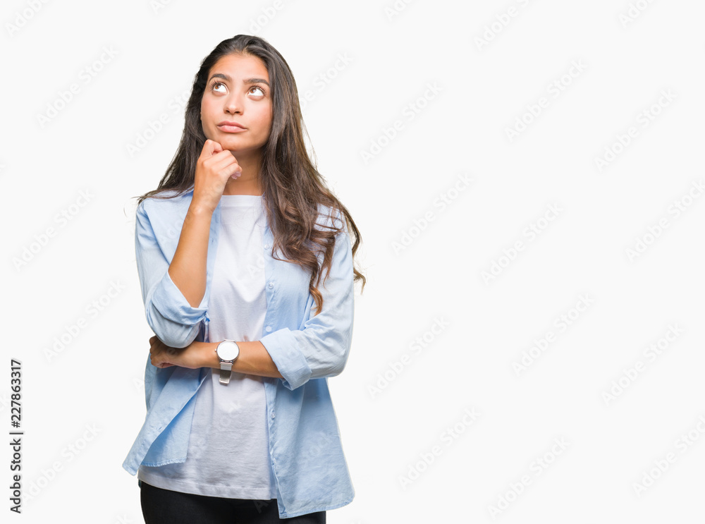 Young beautiful arab woman over isolated background with hand on chin thinking about question, pensive expression. Smiling with thoughtful face. Doubt concept. Young beautiful arab woman over isolated background with hand on chin thinking about question, pensive expression. Smiling with thoughtful face. Doubt concept.