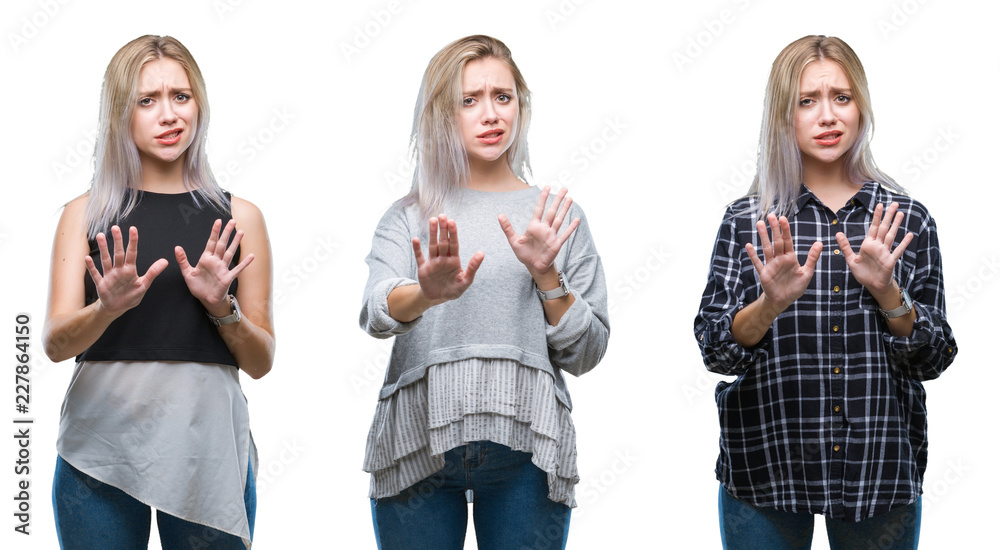 Collage of beautiful blonde young woman over isolated background disgusted expression, displeased and fearful doing disgust face because aversion reaction. With hands raised. Annoying concept. Collage of beautiful blonde young woman over isolated background disgusted expression, displeased and fearful doing disgust face because aversion reaction. With hands raised. Annoying concept.