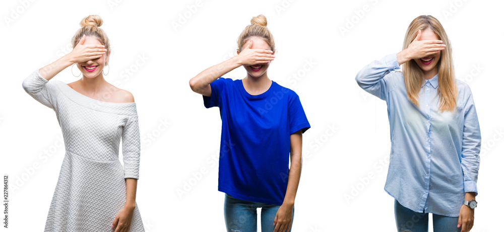 Obraz premium Collage of young beautiful blonde woman over isolated background smiling and laughing with hand on face covering eyes for surprise. Blind concept.