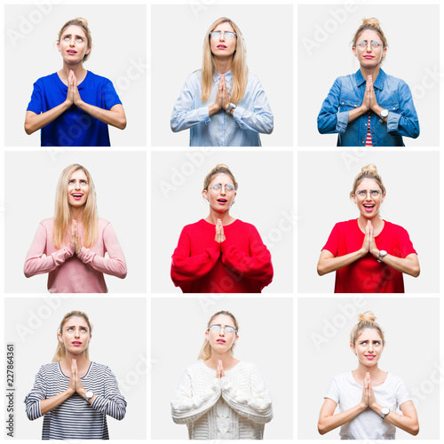 Collage of young beautiful blonde woman over white isolated background begging and praying with hands together with hope expression on face very emotional and worried. Asking for forgiveness