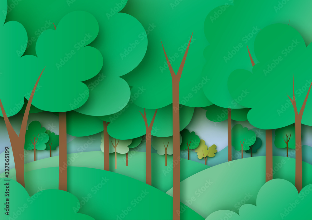Fototapeta premium Ekologia i środowisko koncepcja z zielonym lasem i natura krajobraz tło sztuka tło. Ilustracja wektorowa.