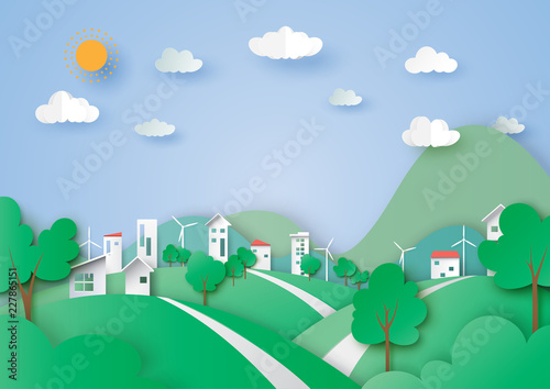 Ecology and environment concept with green city and nature landscape paper art abstract background.Vector illustration.