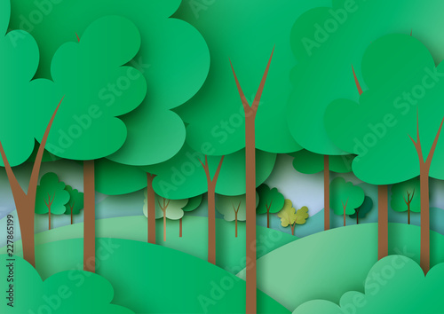 Ecology and environment concept with green forest and nature landscape background paper art background.Vector illustration.