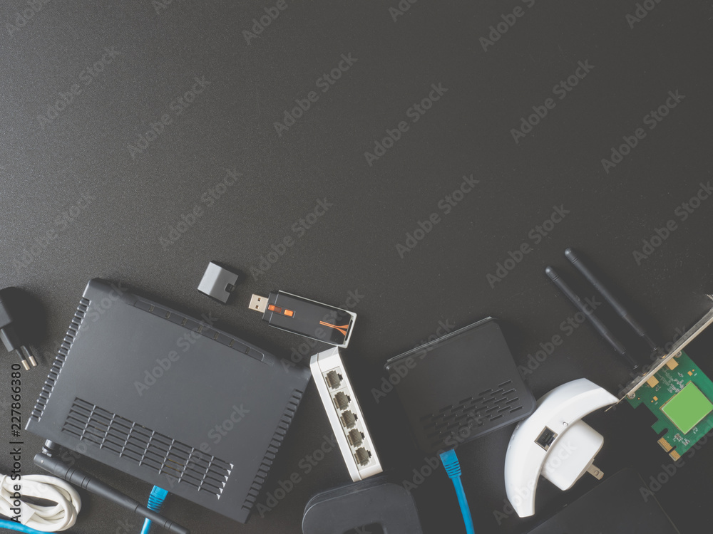 top view of Computer Network Devices concept with Hub, Switch, Router