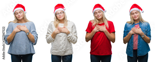 Collage of young beautiful blonde woman wearing christmas hat over white isolated backgroud smiling with hands on chest with closed eyes and grateful gesture on face. Health concept. © Krakenimages.com