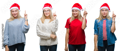 Collage of young beautiful blonde woman wearing christmas hat over white isolated backgroud pointing finger up with successful idea. Exited and happy. Number one. © Krakenimages.com