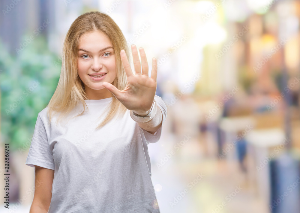 Young caucasian woman over isolated background showing and pointing up with fingers number five while smiling confident and happy. Young caucasian woman over isolated background showing and pointing up with fingers number five while smiling confident and happy.