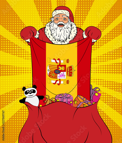 Santa Claus gets national flag of Spain out of the bag with toys in pop art style. Illustration of new year in pop art style
