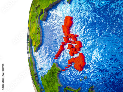 Philippines highlighted on 3D Earth with visible countries and watery oceans.