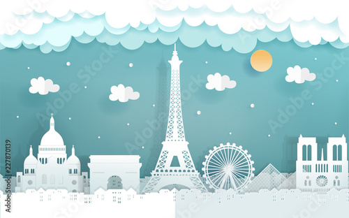 Travel postcard and poster with symbol of Paris, Eiffel tower, paper art design vector illustration.