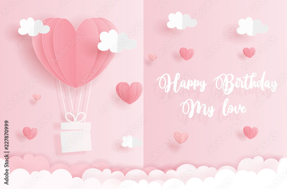 Birthday card concept with heart balloons in the sky, Valentine's and wedding card in paper cut style vector illustration.