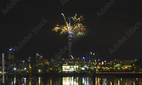Auckland Night View from St Marys Bay Beach, Auckland New Zealand; Fireworks New Year Celebration