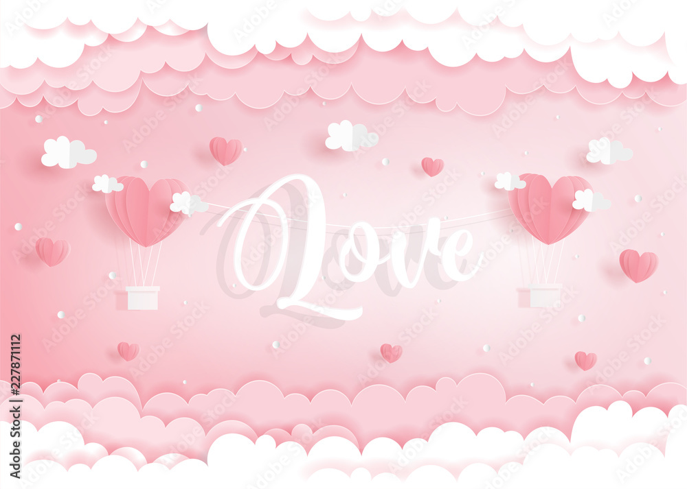 Love concept with heart balloons in paper cut style, Valentine's card, Wedding card. Vector illustration.