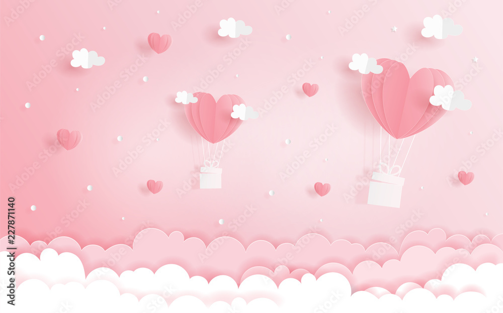 Love concept with heart balloons in the sky, Valentine's and wedding card in paper cut style vector illustration.