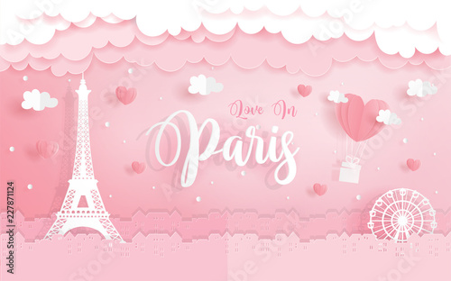 Honeymoon, love concept for travel advertising with Eiffel Tower in Paris, France, paper cut style vector illustration.