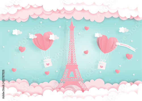 Honeymoon, love concept for travel advertising with Eiffel Tower in Paris, France, paper cut style vector 