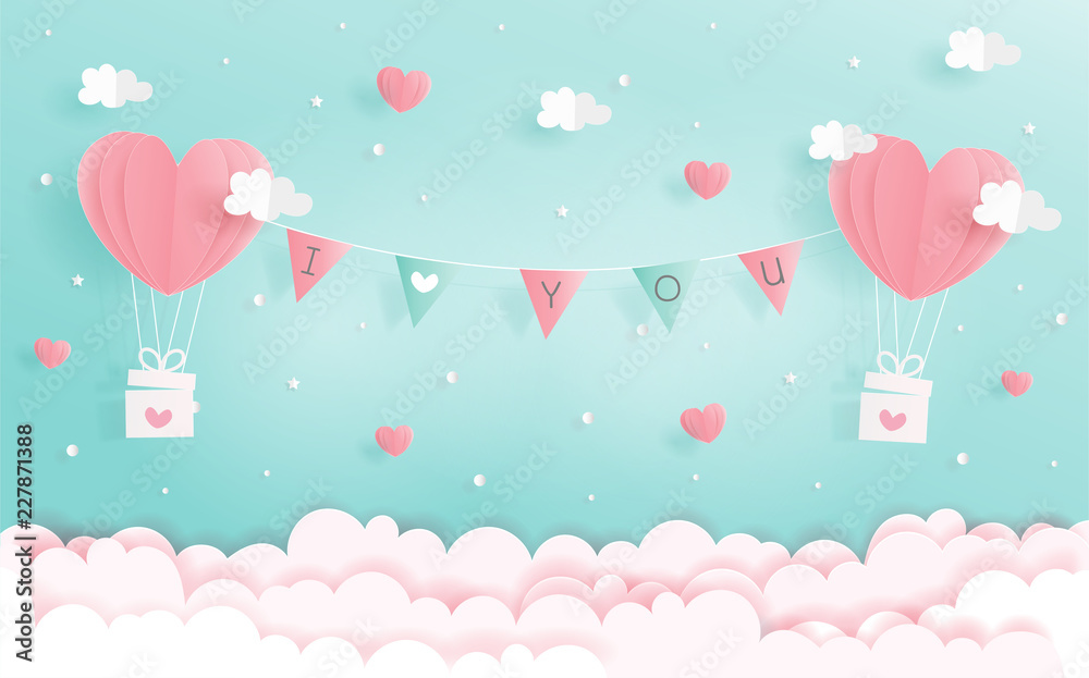 I love you concept with heart balloons and label in the sky, paper art design vector illustration.