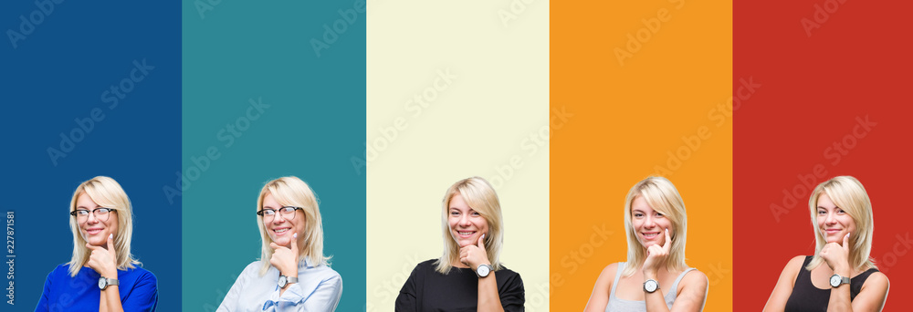 Fototapeta premium Collage of beautiful blonde woman over colorful vintage isolated background looking confident at the camera with smile with crossed arms and hand raised on chin. Thinking positive.