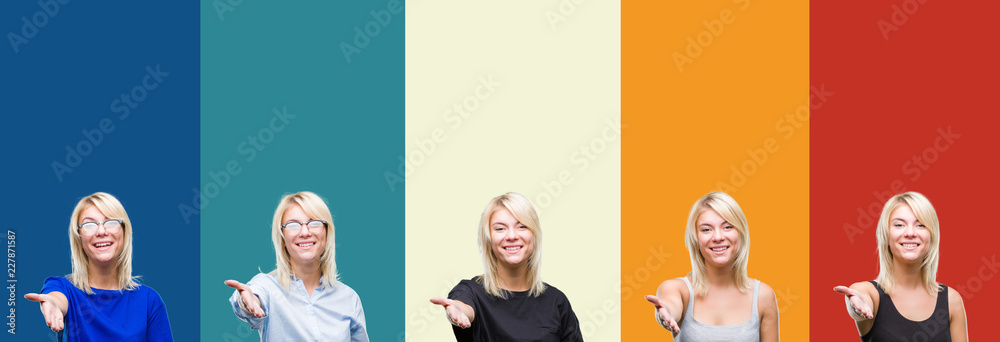 Fototapeta premium Collage of beautiful blonde woman over colorful vintage isolated background smiling friendly offering handshake as greeting and welcoming. Successful business.