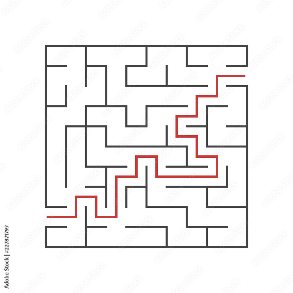 A square labyrinth for kids. The game is a mystery. A simple flat vector illustration on a white background. With the answer.