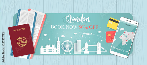 Travel banner with passport and tickets, World famous landmark trip in London, England, from discount 50% off. Vector illustration.