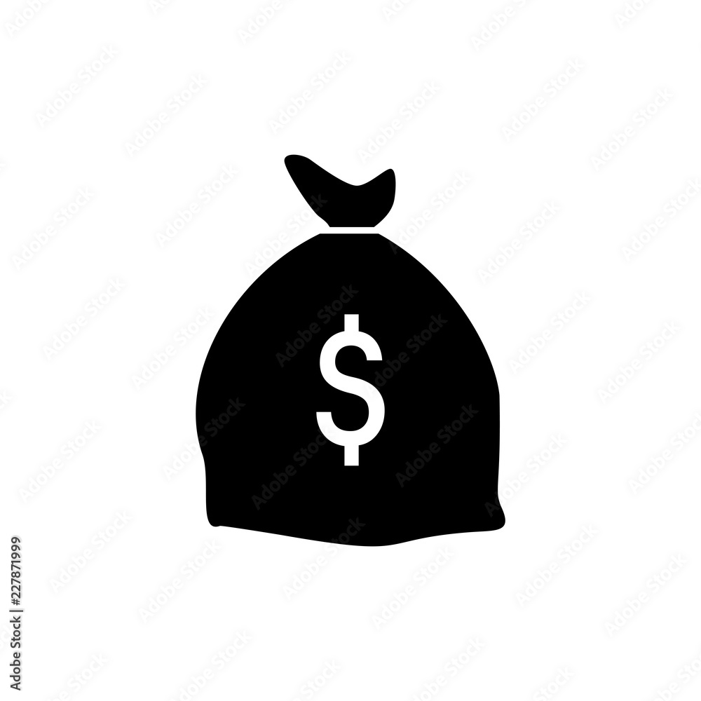 Money bag flat icon vector pictogram isolated, black and white bag with dollars Money bag flat icon vector pictogram isolated, black and white bag with dollars