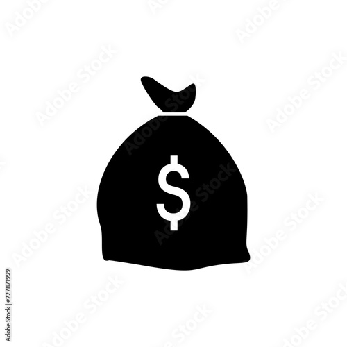 Money bag flat icon vector pictogram isolated, black and white bag with dollars