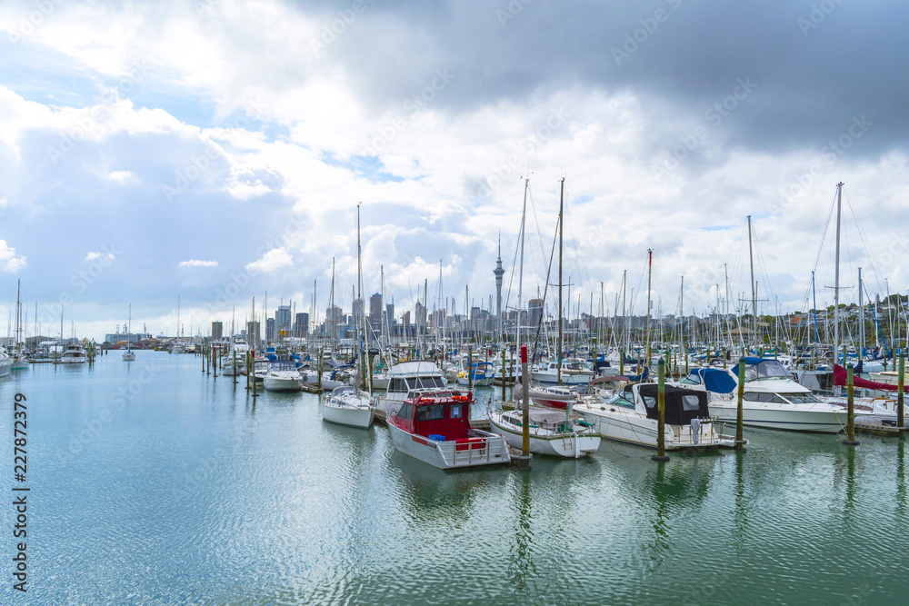 Boats at Westhaven Marina, Auckland New Zealand; Cloudy morning above Auckland; Nice scenery
