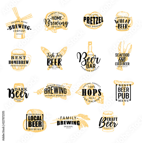 Brewery and beer icons, vector lettering