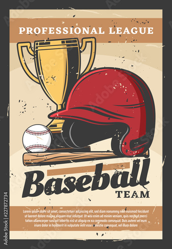 Baseball vector sport helmet, bat, ball and trophy