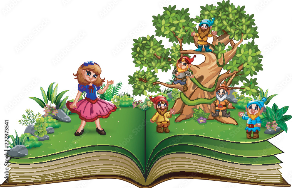 Naklejka premium Otwórz książkę z kreskówką karła na drzewach i śnieżnobiałej