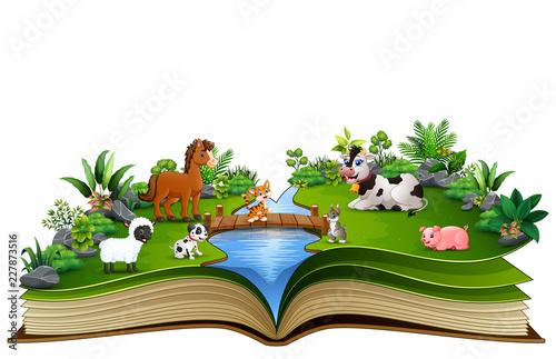 Open book with animal farm in the park