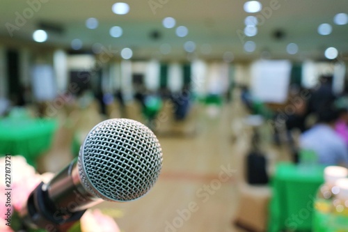 Close up microphone at the meeting room. Selective focus with blurred background. Education, business and technology concept.