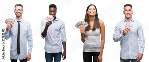 Collage of group team of workers holding bank notes dollars over isolated background with a happy face standing and smiling with a confident smile showing teeth