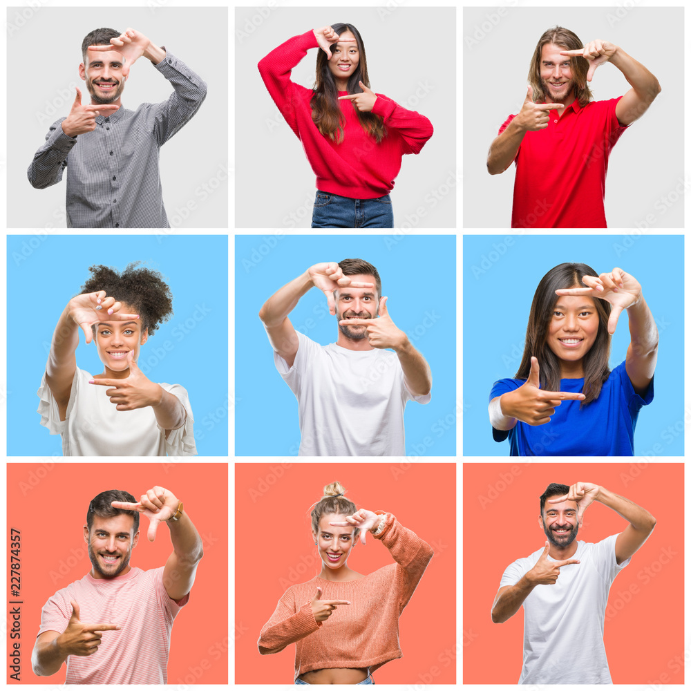 Collage of group of young people over colorful isolated background smiling making frame with hands and fingers with happy face. Creativity and photography concept. Collage of group of young people over colorful isolated background smiling making frame with hands and fingers with happy face. Creativity and photography concept.