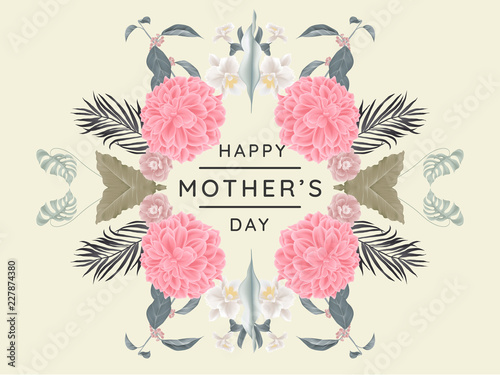 Fototapeta Naklejka Na Ścianę i Meble -  Happy mother's day greeting card design, mirror effect/ symmetry dahlia and other flowers wreath on light yellow background