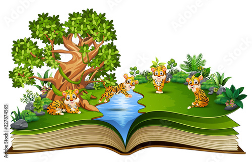 Fototapeta Naklejka Na Ścianę i Meble -  Open book with group of tiger cartoon playing in the river
