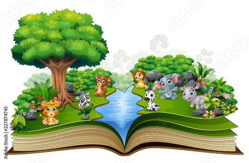 Open book with river and baby animal cartoon