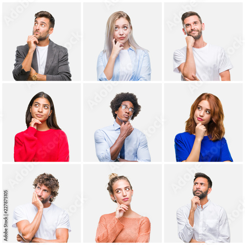 Collage of group of young people woman and men over isolated background with hand on chin thinking about question, pensive expression. Smiling with thoughtful face. Doubt concept. photo