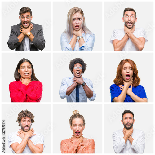 Cuadro en lienzo Collage of group of young people woman and men over isolated background shouting and suffocate because painful strangle