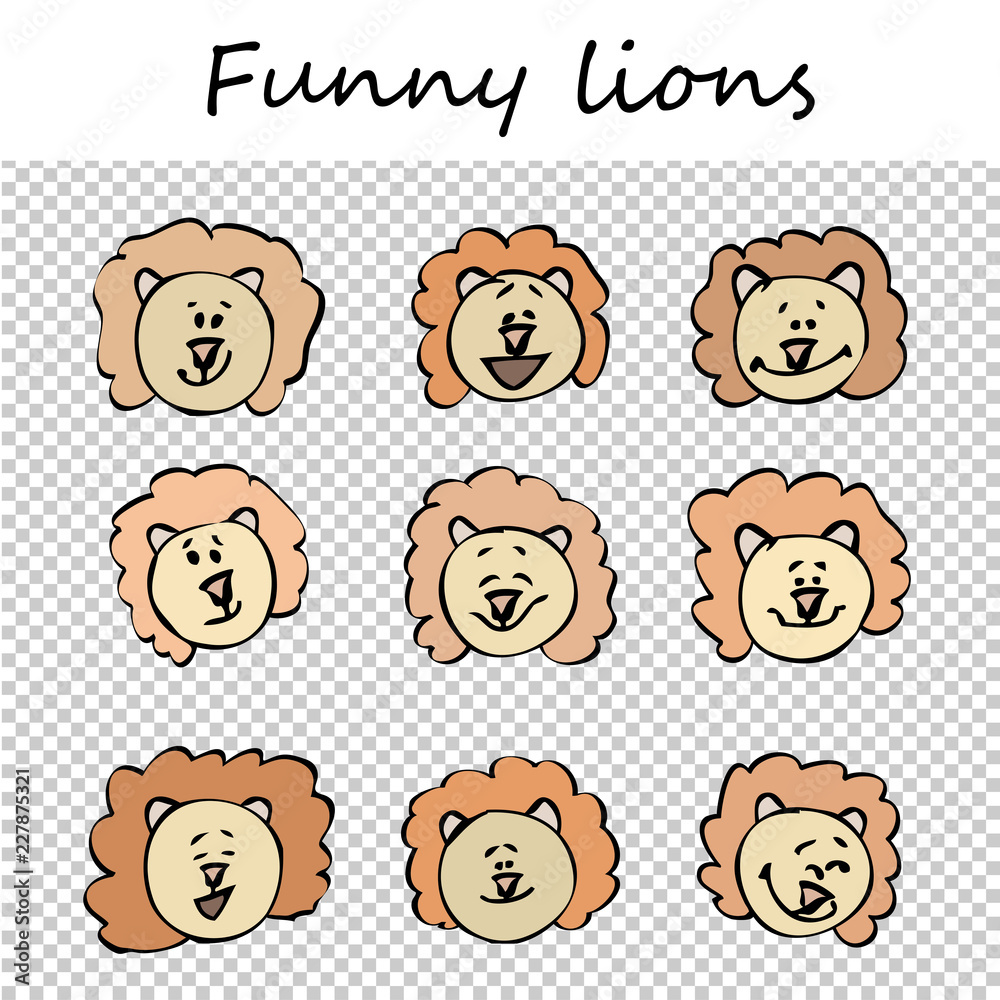 Funny lions. Doodle animal faces with positive emotions, black outlines, flat colorful images, transparent background. Emoticons. Emotional icons. Vector illustration. Funny lions. Doodle animal faces with positive emotions, black outlines, flat colorful images, transparent background. Emoticons. Emotional icons. Vector illustration.
